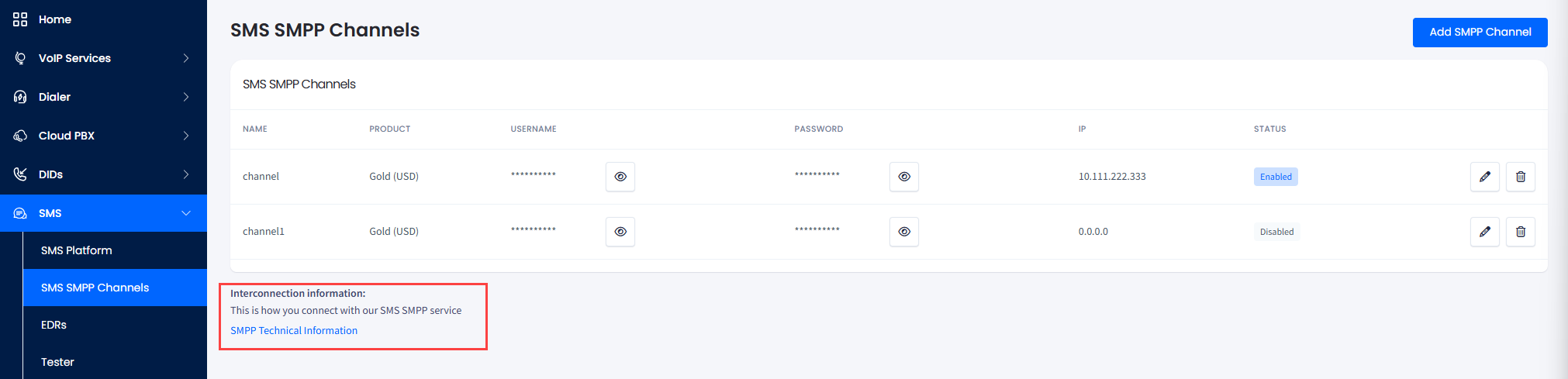 Screenshot of the SMS SMPP Channels page:  Interconnection information block