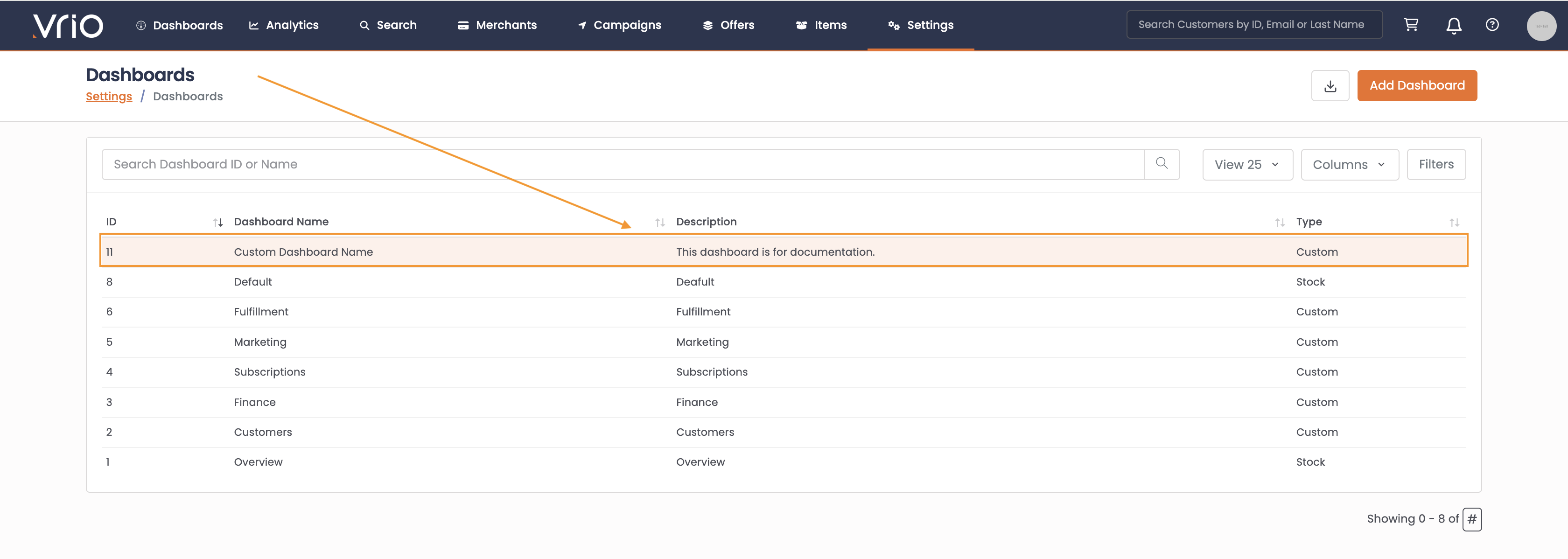 Select a dashboard to hide