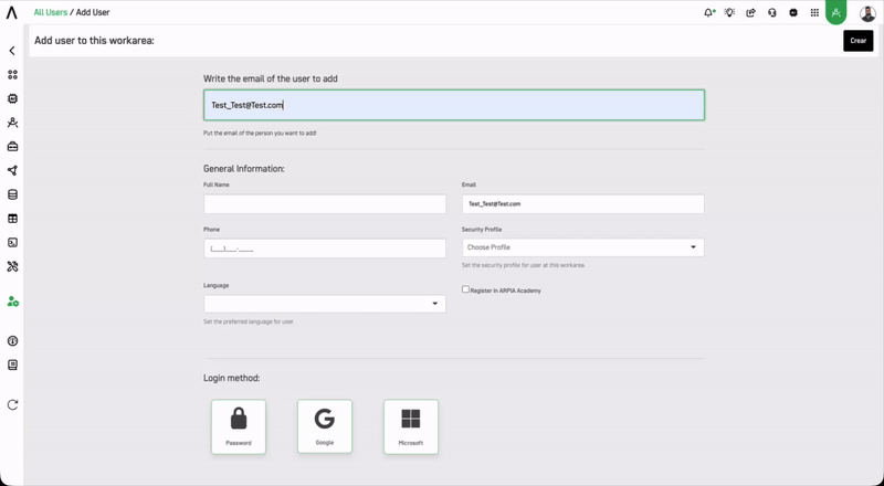 Add User form for a new ARPIA user