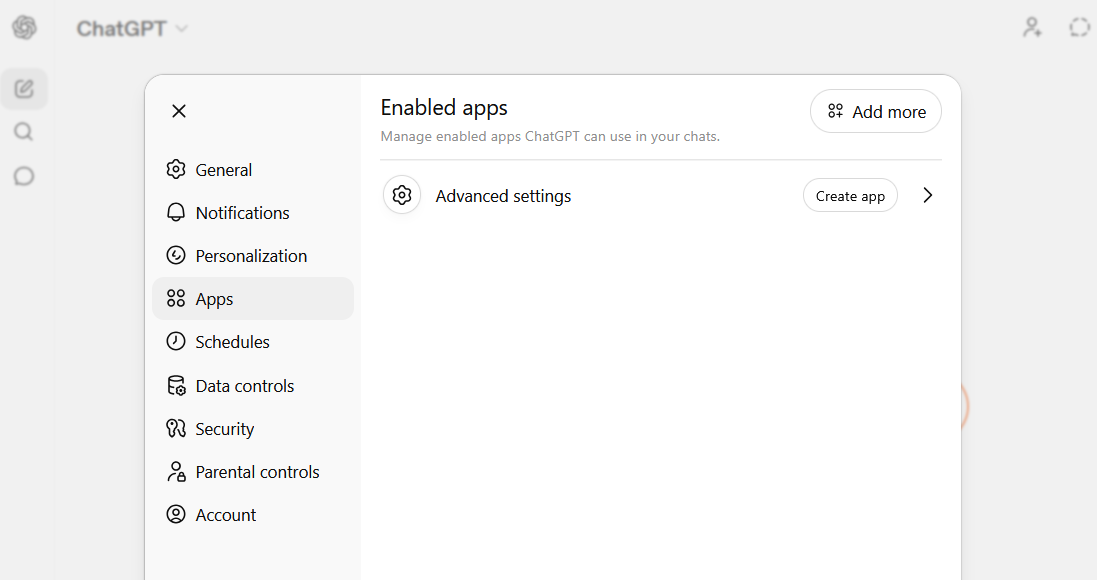 ChatGPT Settings -> Apps -> Create app