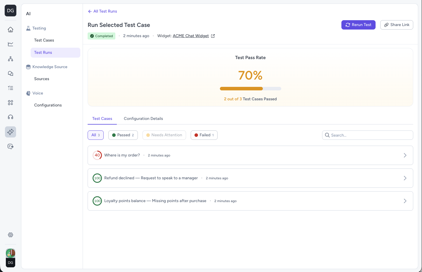 Test Run Results page with pass rate panel and individual test case results