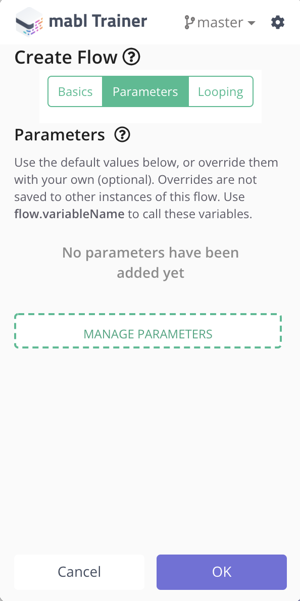 Where to find the `Manage parameters`, after giving your flow a name.