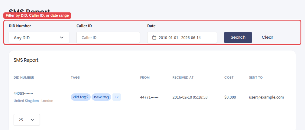 The SMS Report with the filter bar highlighted
