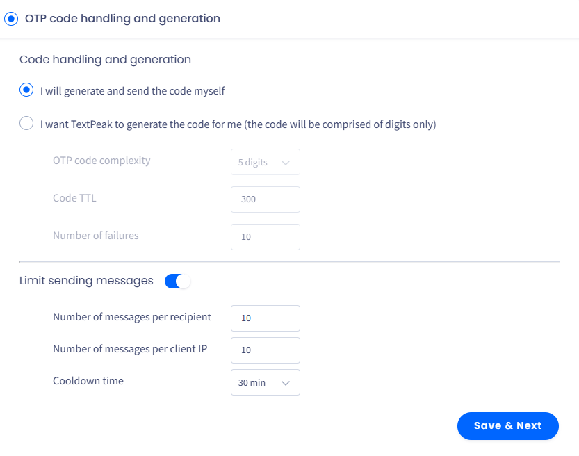 Screenshot of the OTP code handling and generation page