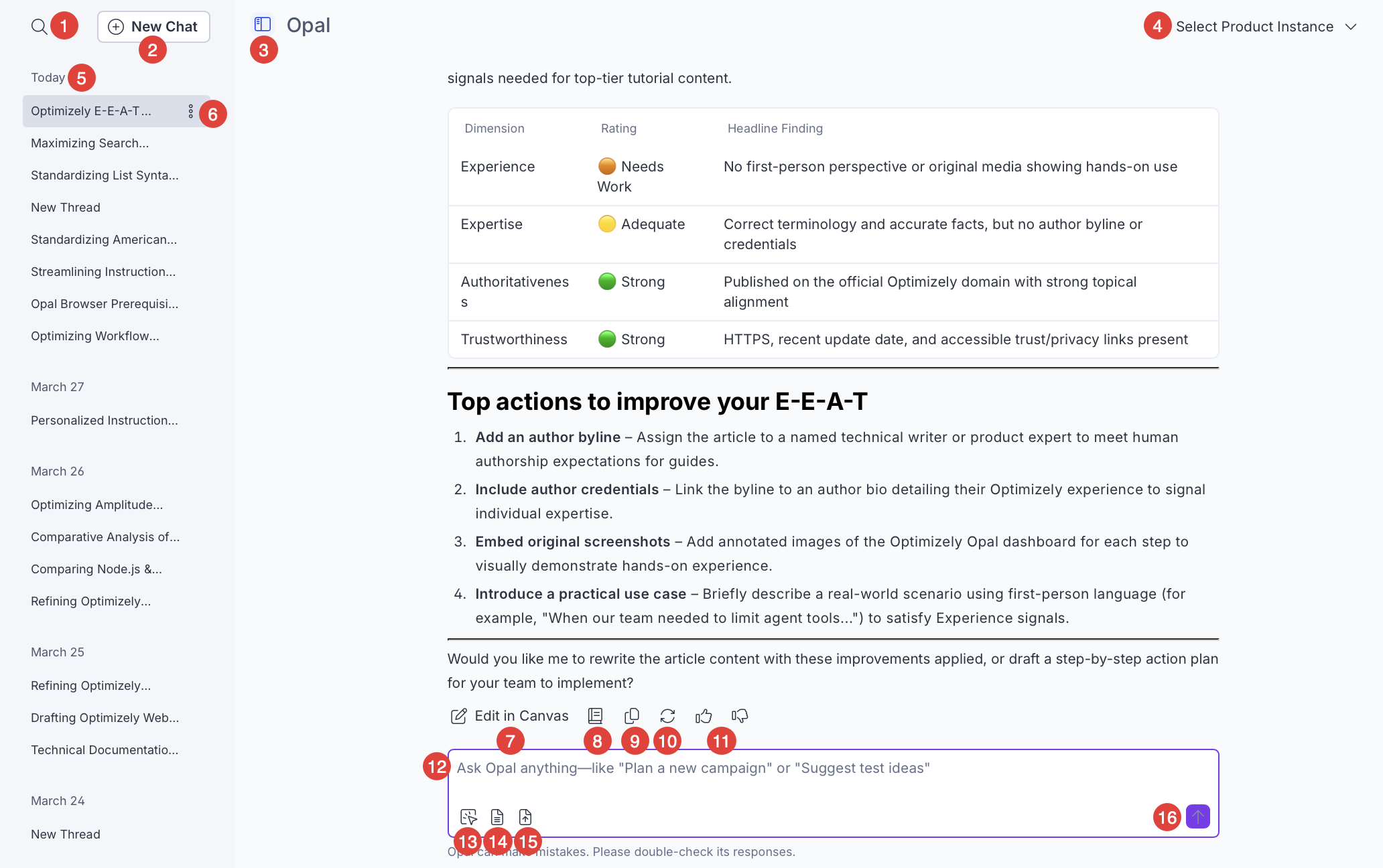 Screenshot of Optimizely Opal app where the chat interface, history sidebar, and prompt controls display.