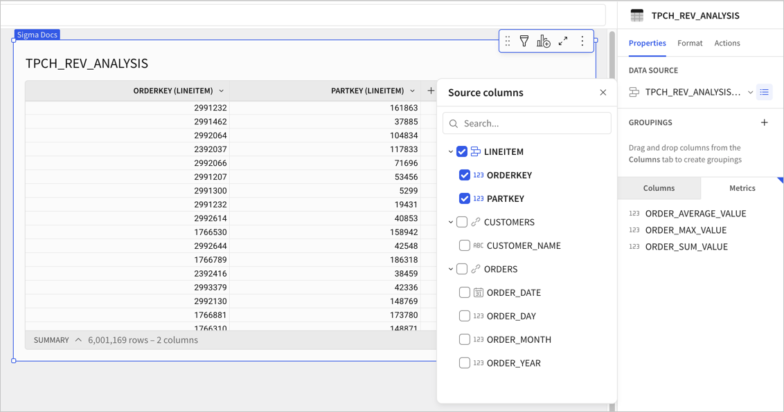 Table element selected with the metrics panel open and showing ORDER_AVERAGE_VALUE, ORDER_MAX_VALUE, and ORDER_SUM_VALUE metrics. The source columns list is also open and showing the dimensions available from related tables, CUSTOMERS table showing CUSTOMER_NAME and the ORDERS table showing ORDER_DATE, ORDER_DAY, ORDER_MONTH, and ORDER_YEAR dimensions.