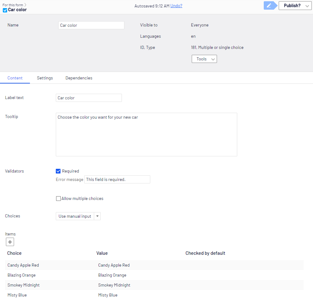 Screenshot of the Multiple or single-choice element Content tab with Label text, Tooltip, Validators, and Choices fields where editors configure radio buttons or checkboxes