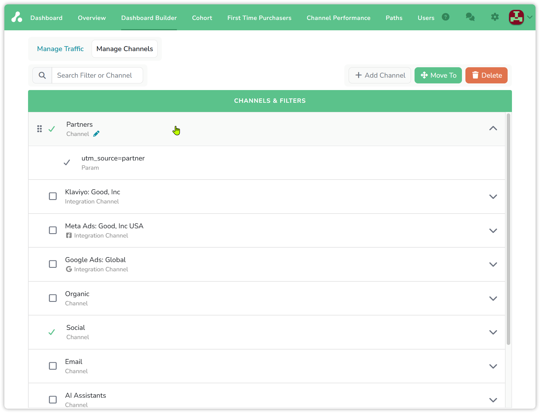 Dashboard Builder, Manage Channels: the search, Add Channel, Move To and Delete controls above the tree of channels and filters, with the Partners channel and its filter and the Social channel selected