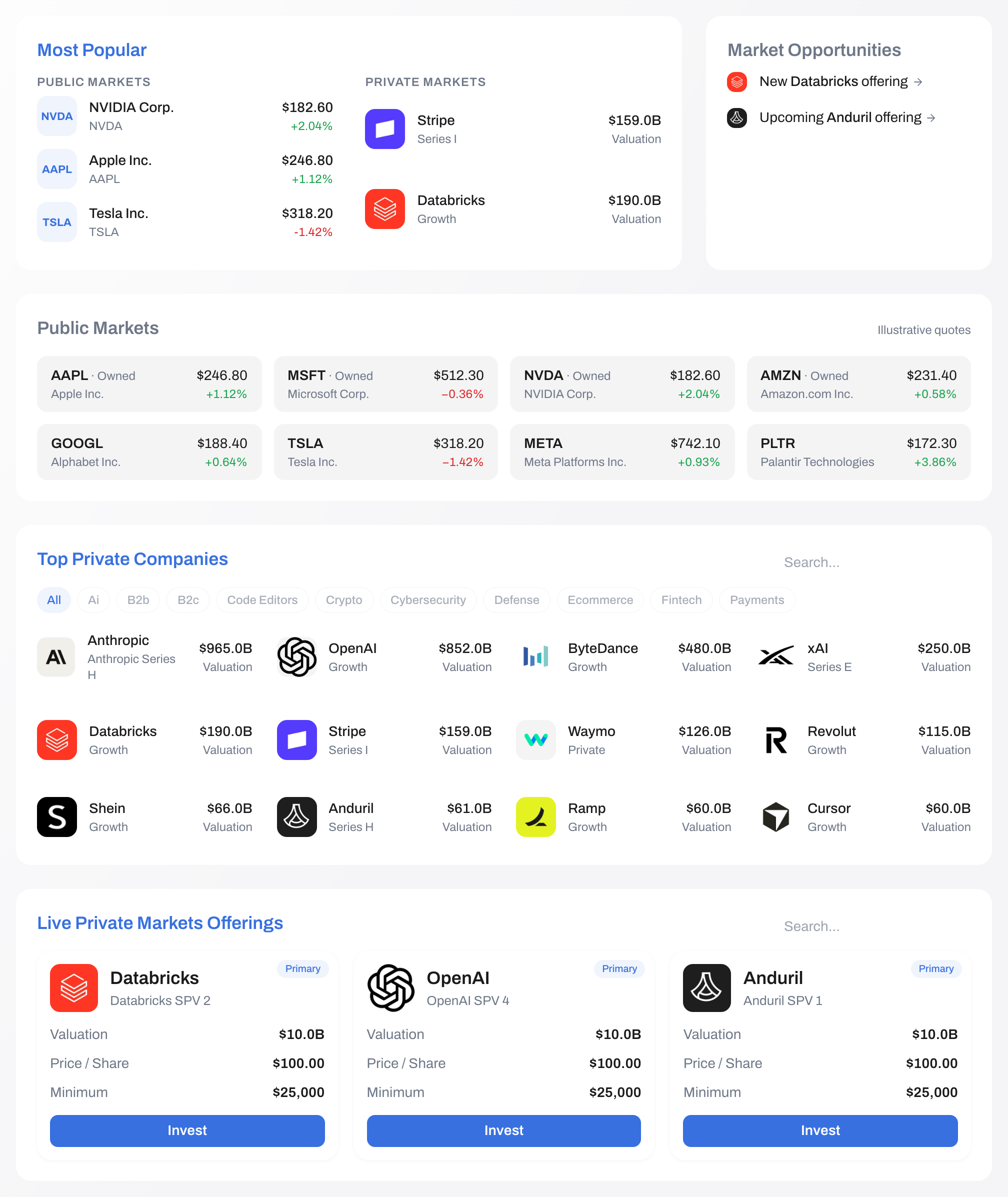 A brokerage app listing live private-company offerings alongside upcoming ones