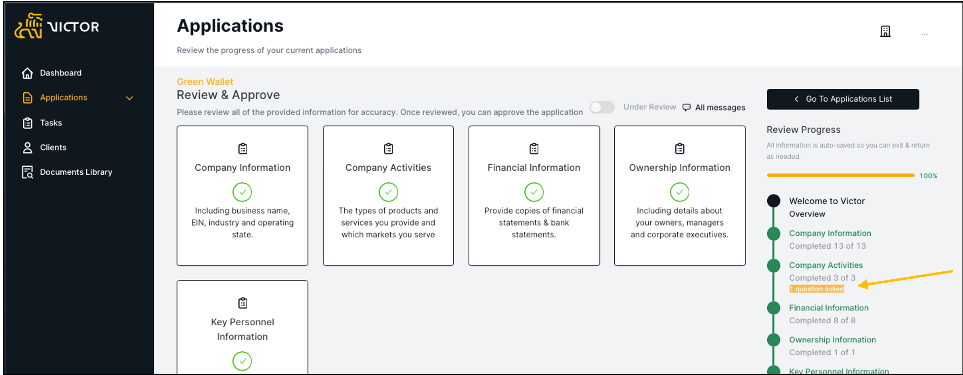 Figure 23. Client question count is listed next to each section