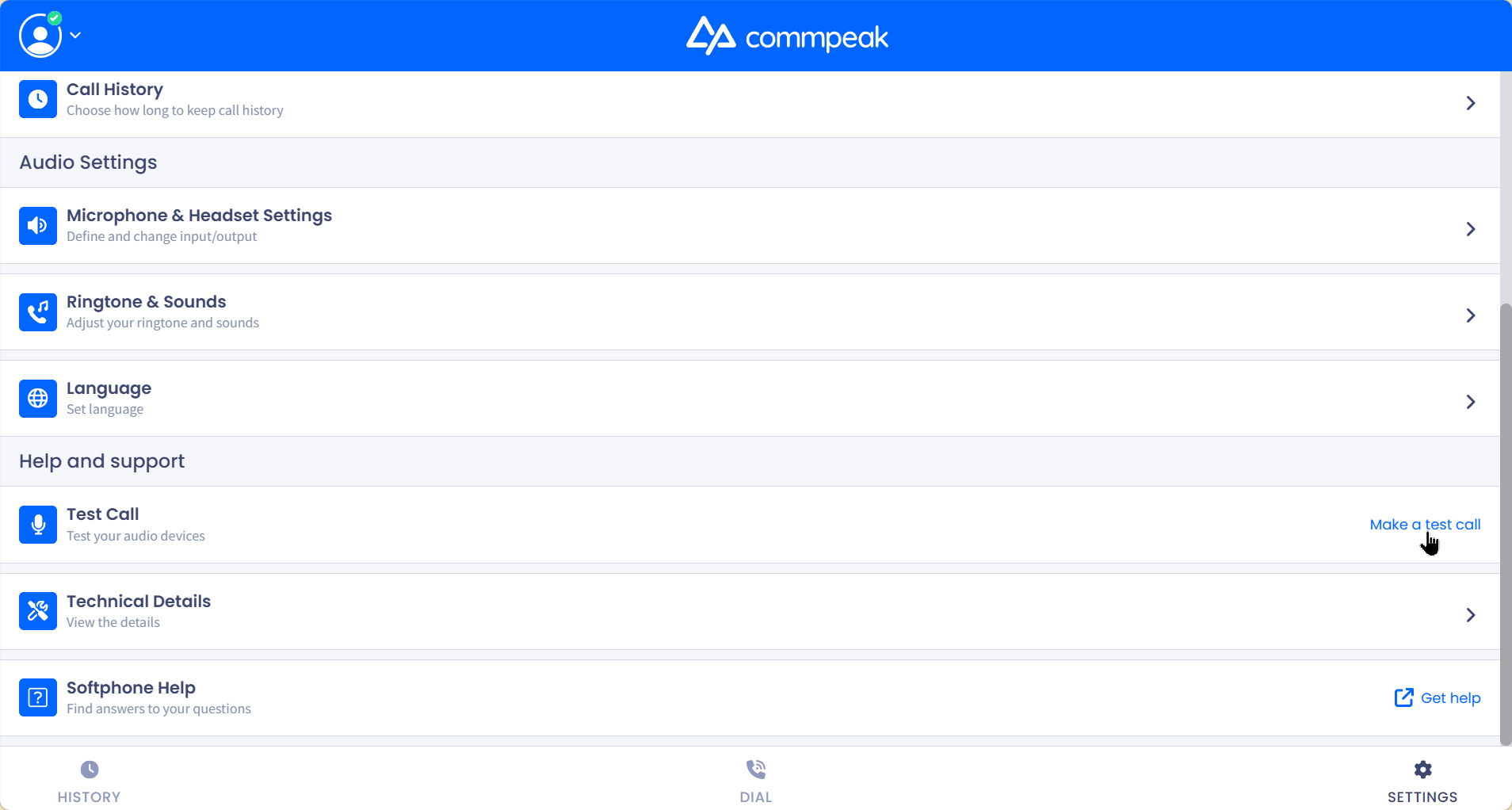 Screenshot with the Test Call option