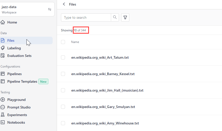 A screenshot of the Files page with the files uploaded and listed there