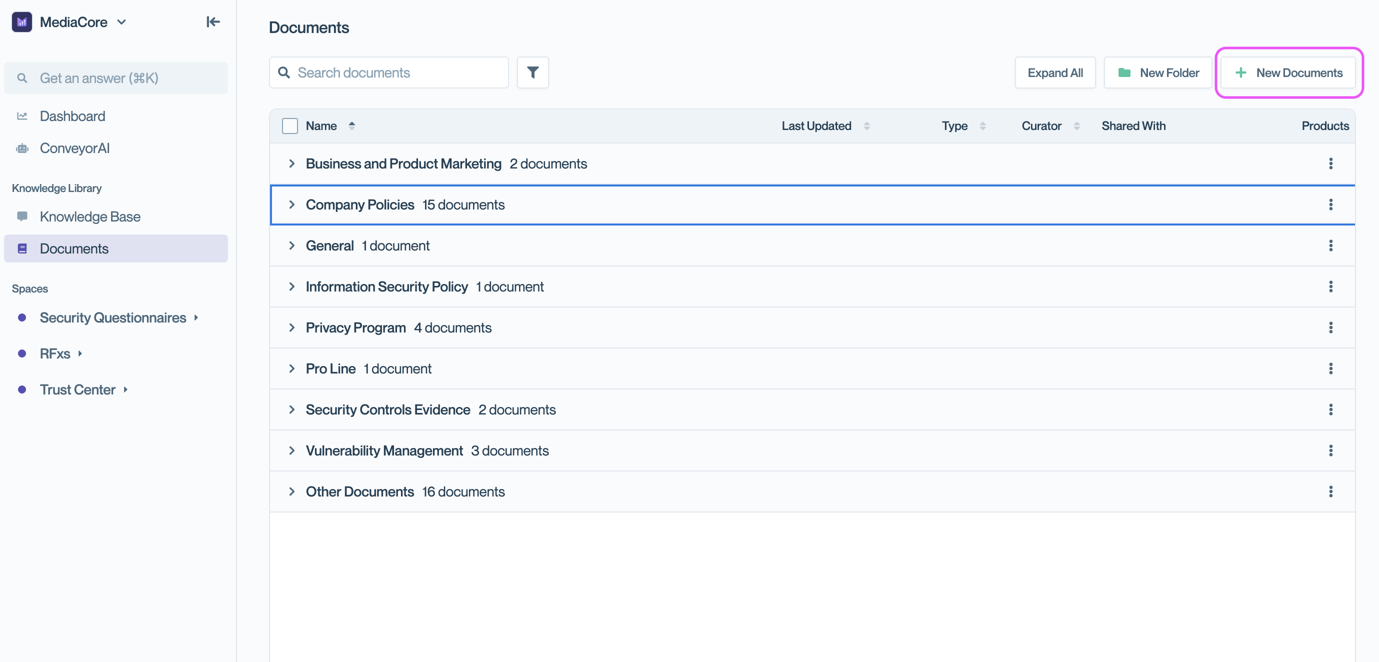 Documents page with New Documents button highlighted in the upper right corner
