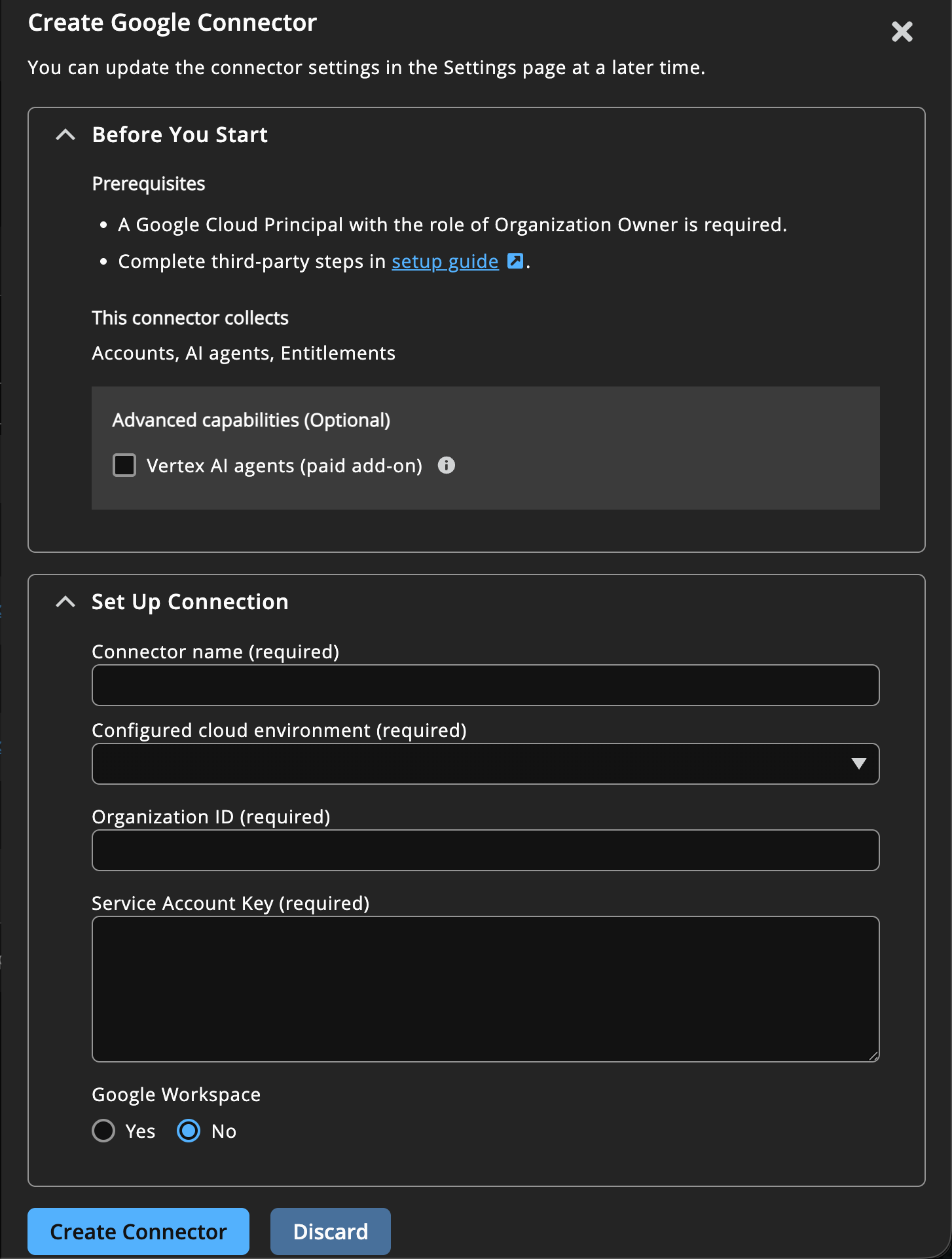 Google connector settings