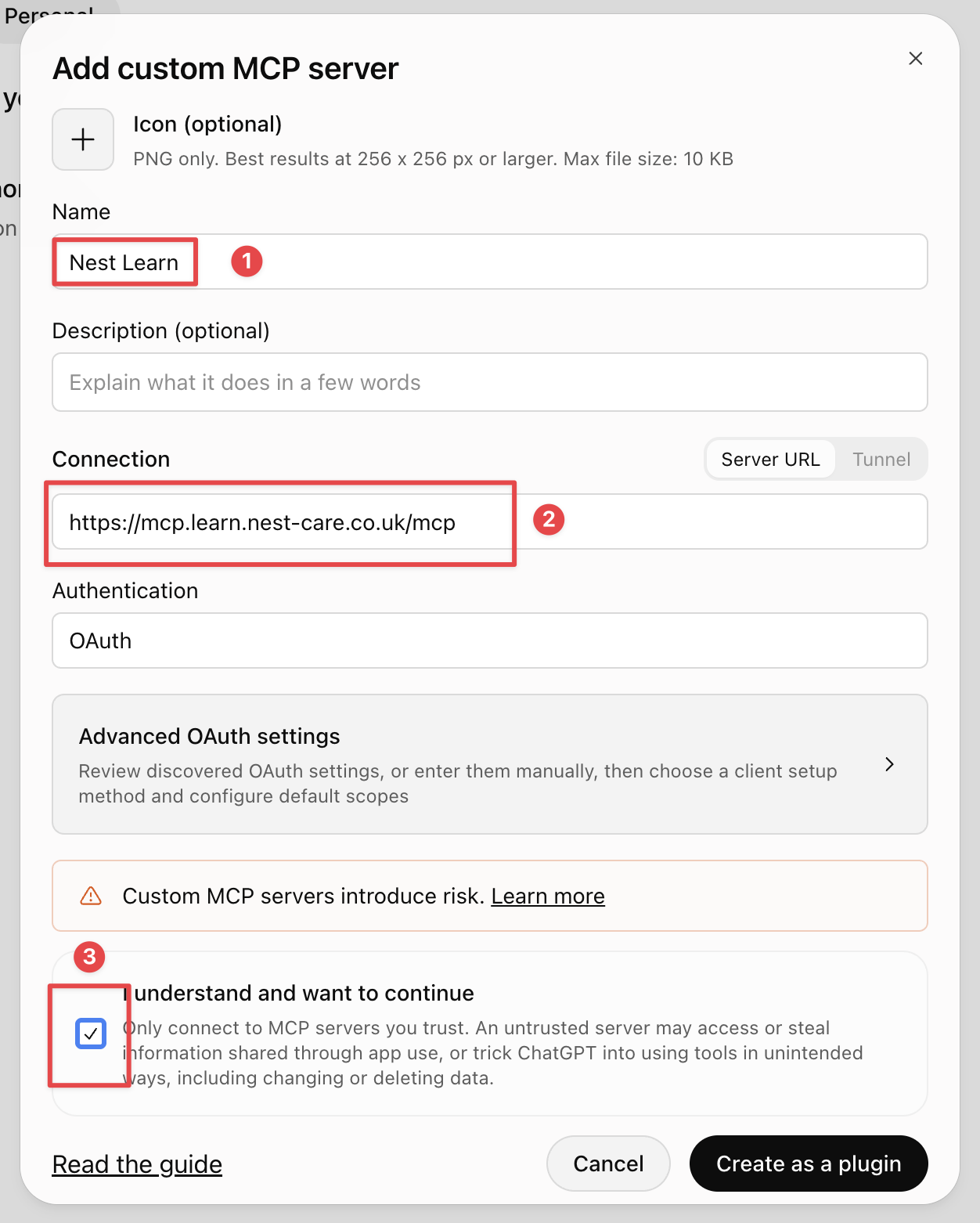 Add custom MCP server form showing the name Nest Learn, the MCP Server URL, OAuth authentication and the confirmation checkbox