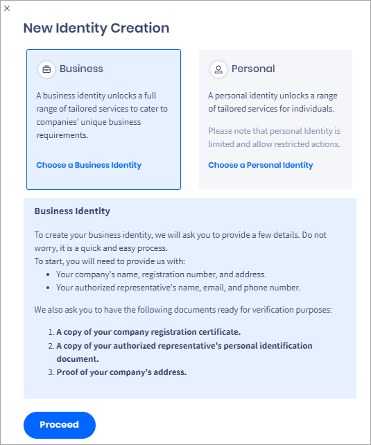 Screenshot with New Identiy Creation pop-up window with Business selected