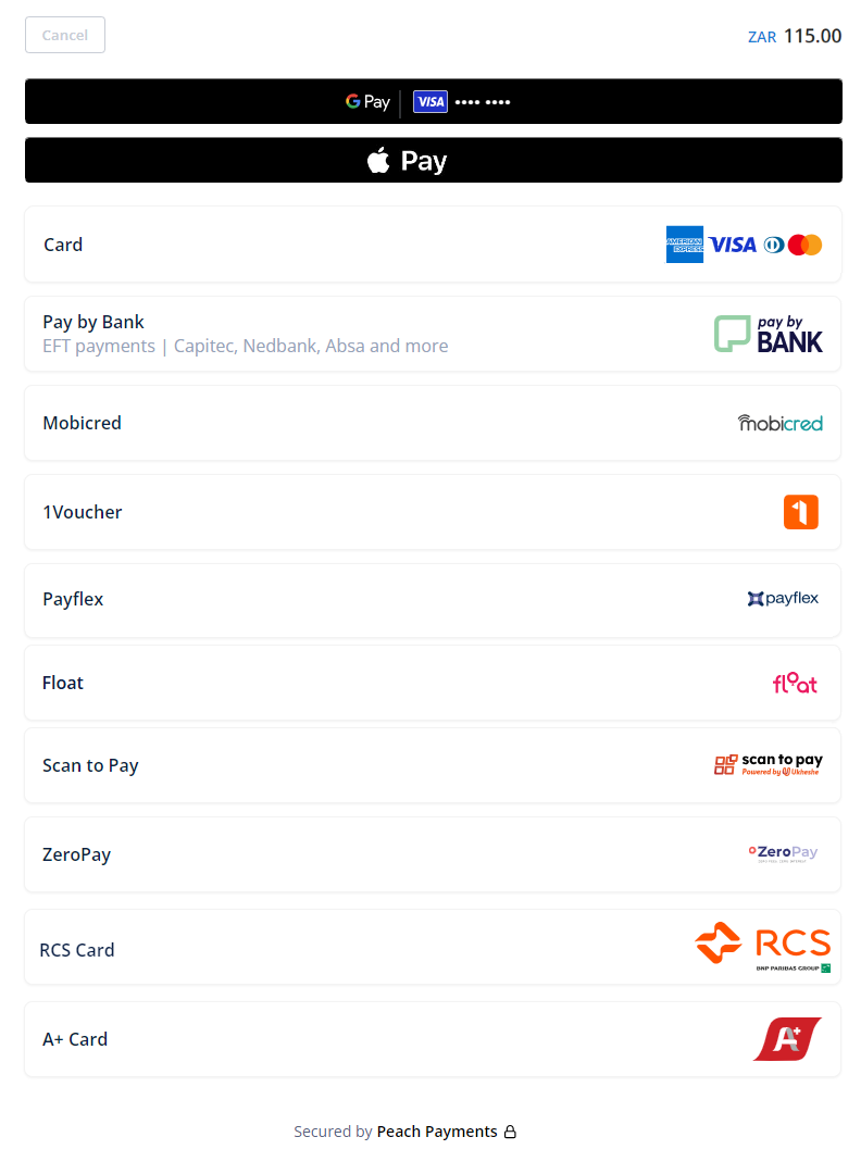 Checkout offers a variety of payment methods.