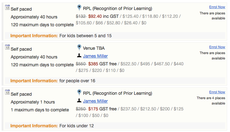 Example of content in the class Web section displayed within the class summary