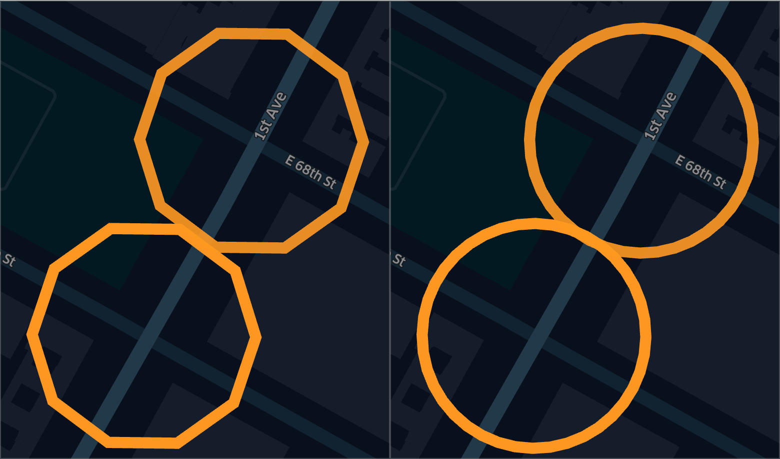 Left: pointPerArc = 10; Right: pointsPerArc = 40