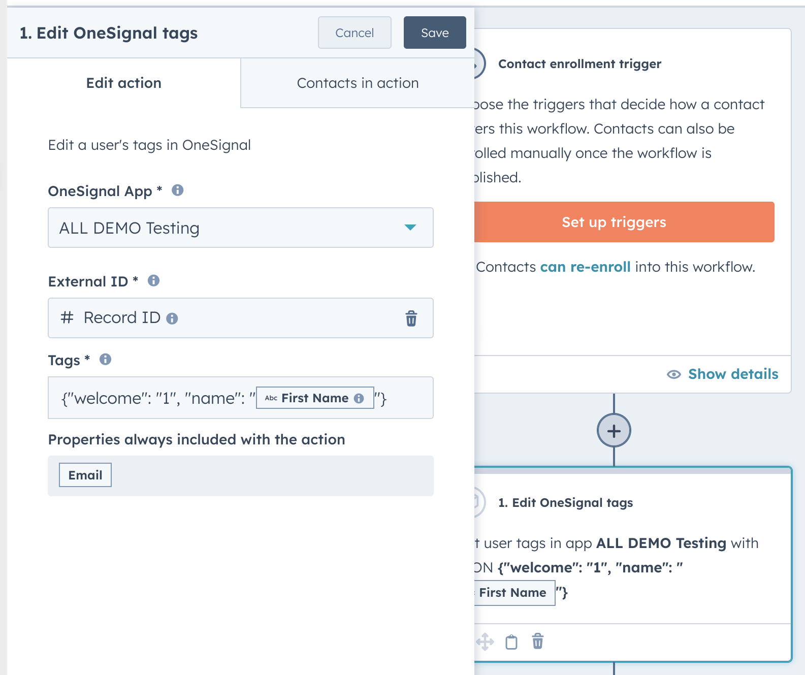 Configuring the Edit OneSignal Tags action