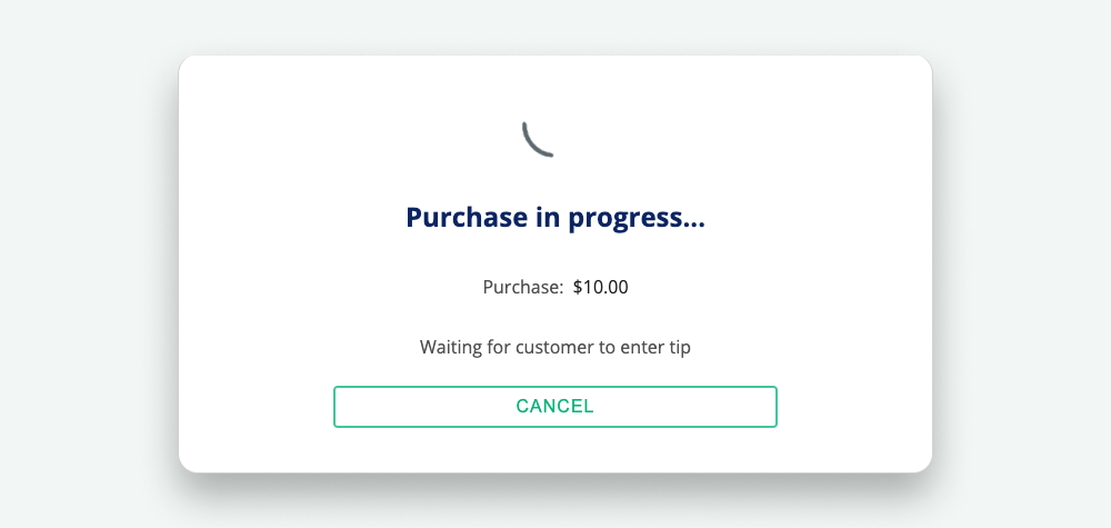 The transaction pop-up displaying the status "Purchase in progress... Purchase: $2.00. Waiting for customer to present card." and the "Cancel" button.