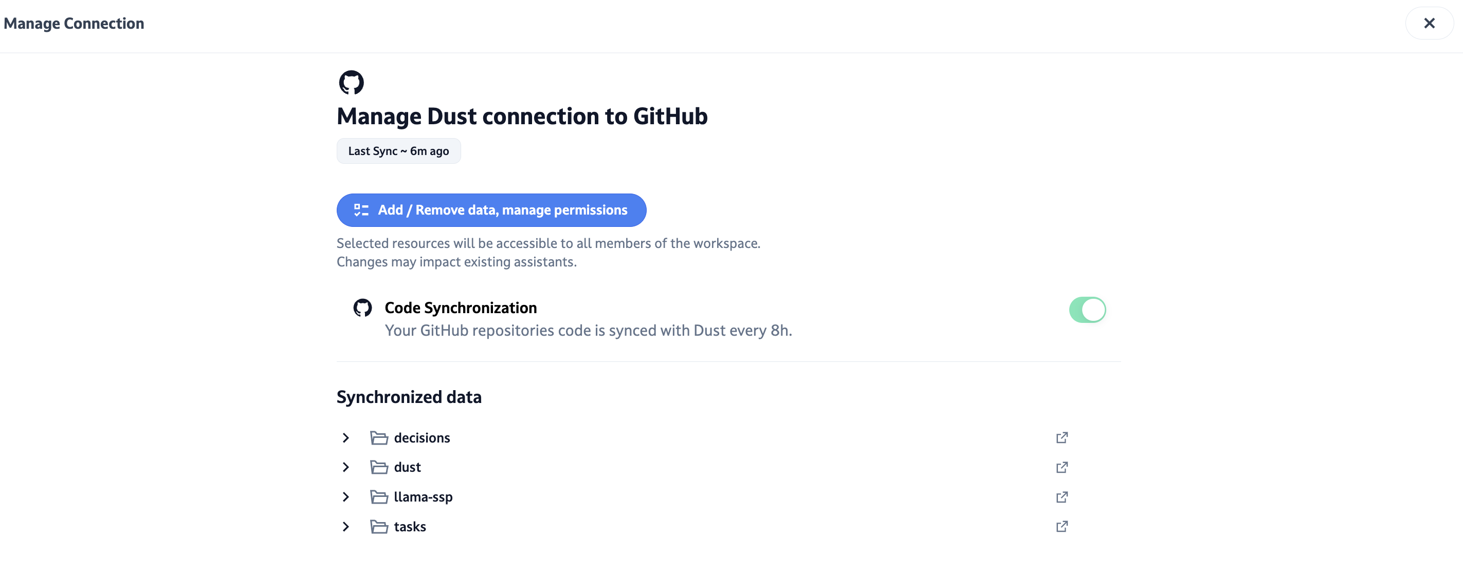 Dust modal to enable code synchronization. 