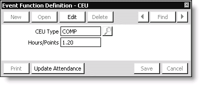 From Events, select Define an event, double-click an event, double-click an event function, click More, and select CEU