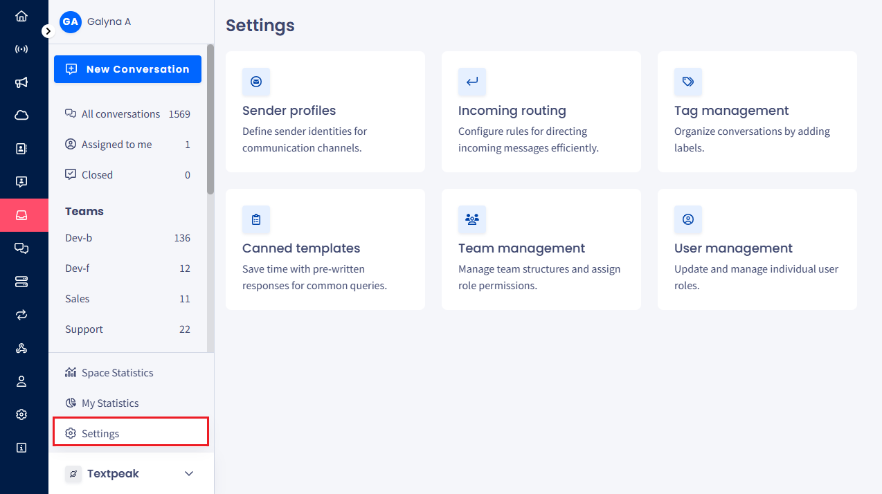 A screenshot of the Inbox > Settings page
