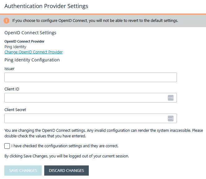Authentication provider settings for Ping Identity