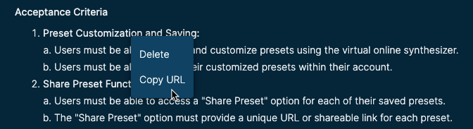 Image of a list of acceptance criteria (ACs) in a story on Atono's interface. The user has right-clicked on an AC to select 'Copy URL'.