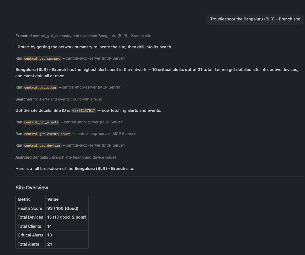 Copilot Chat showing the prompt and the tool call sequence — `central_get_summary`, `central_get_alerts`, `central_get_event_counts` `central_get_events` — running in order.\_
