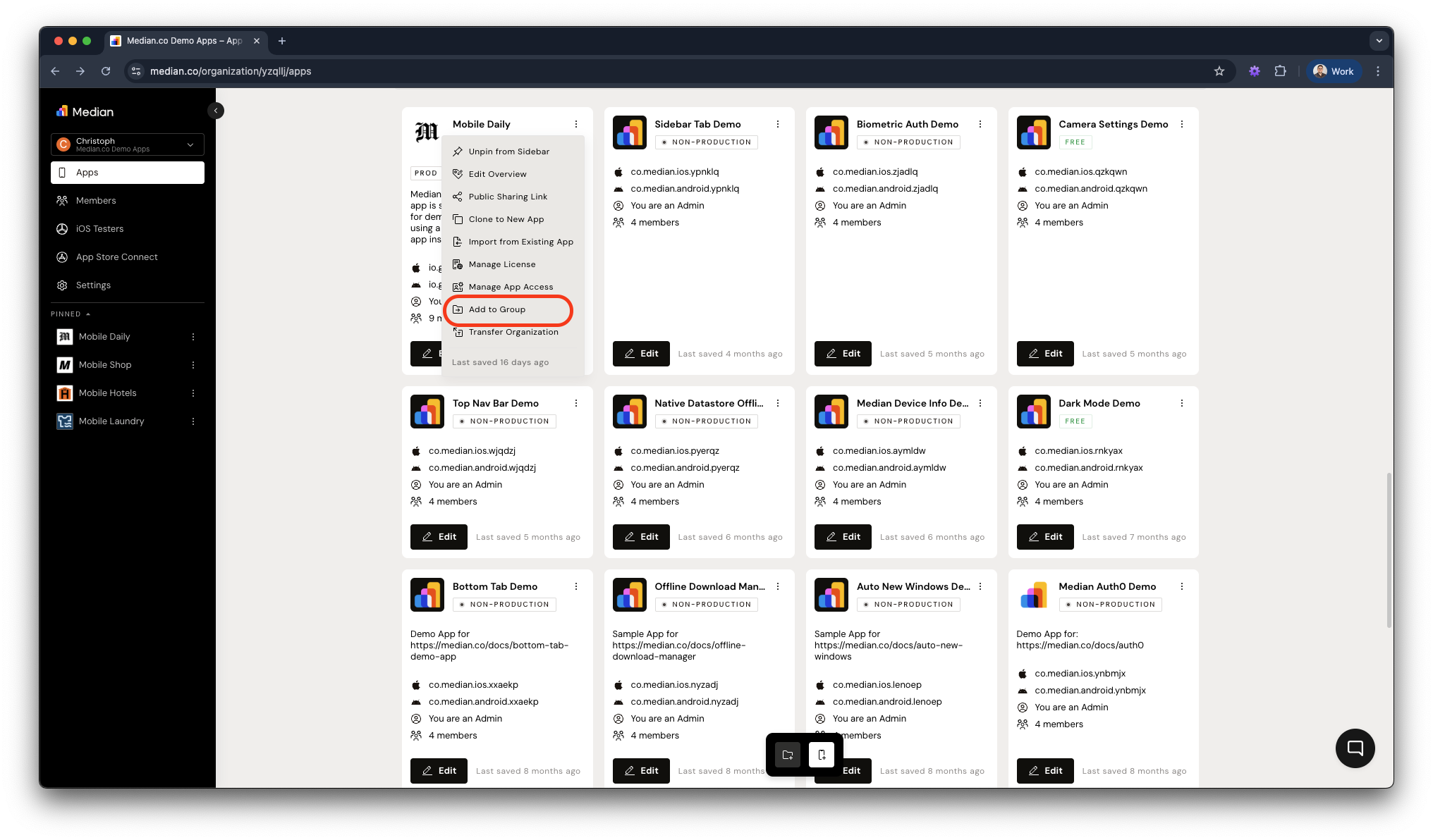 Median App Studio - Add App to Group