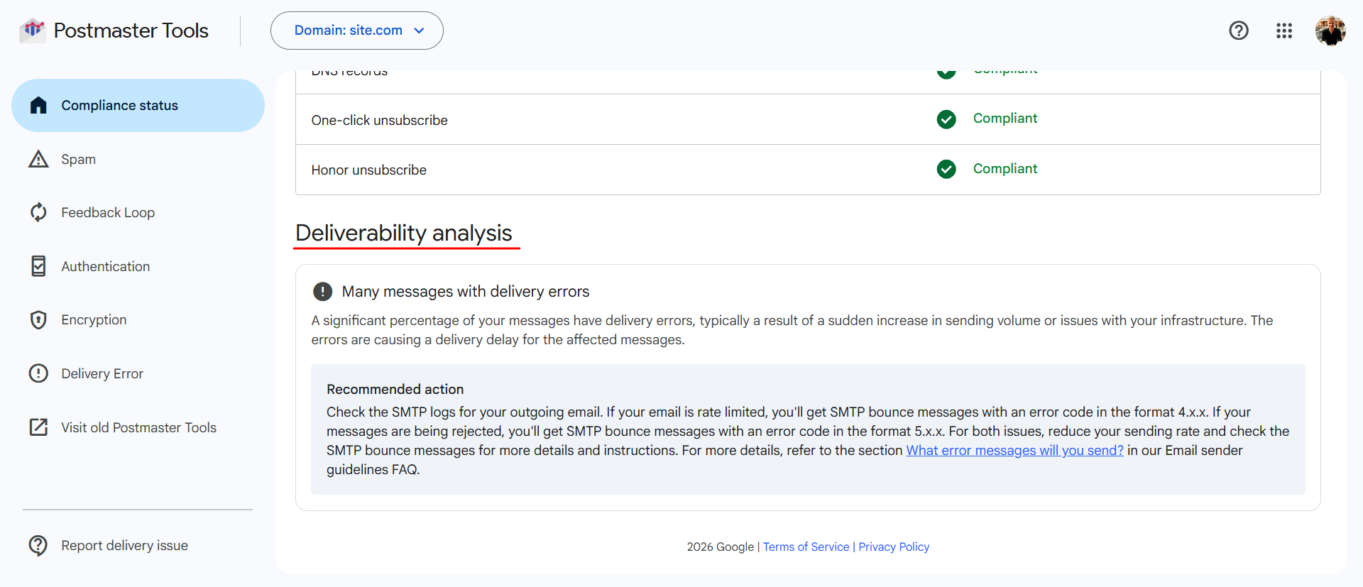 Deliverability analysis in Google Postmaster Tools with detected issues and recommended actions