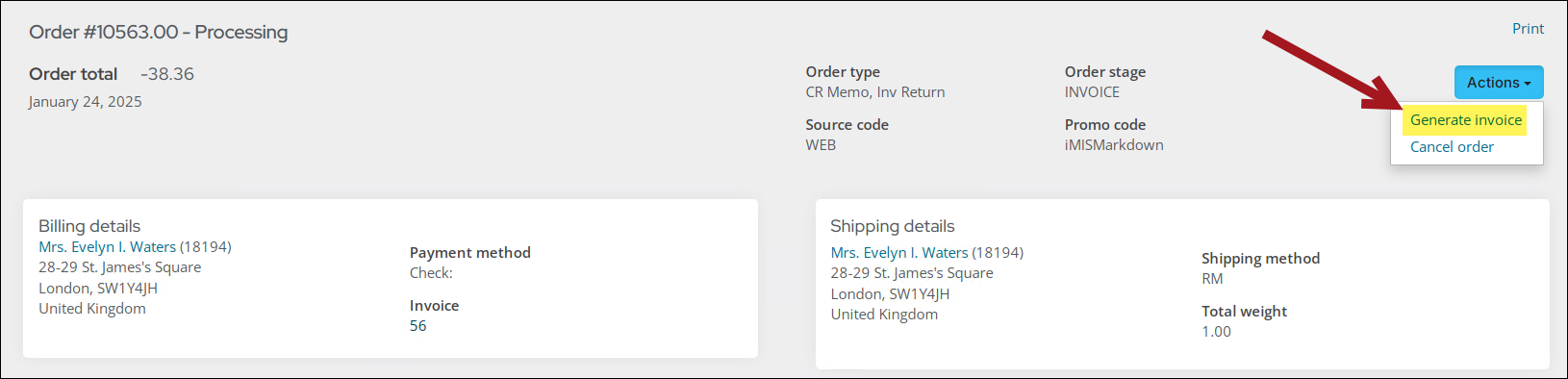 Click generate invoice from the Actions drop-down.
