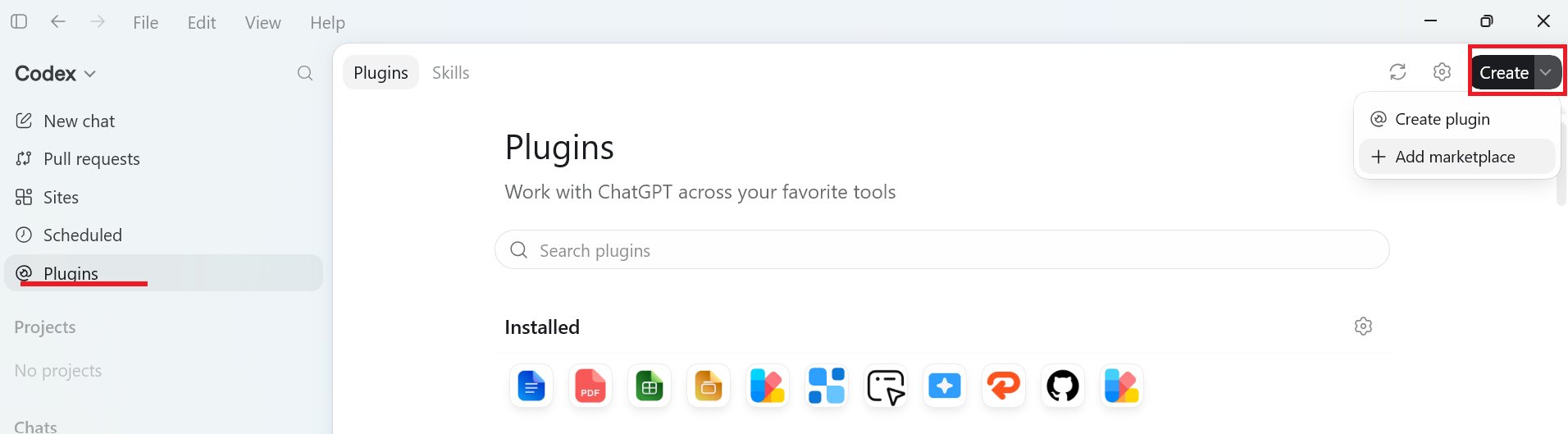 Опція Add marketplace у розділі Plugins у Codex