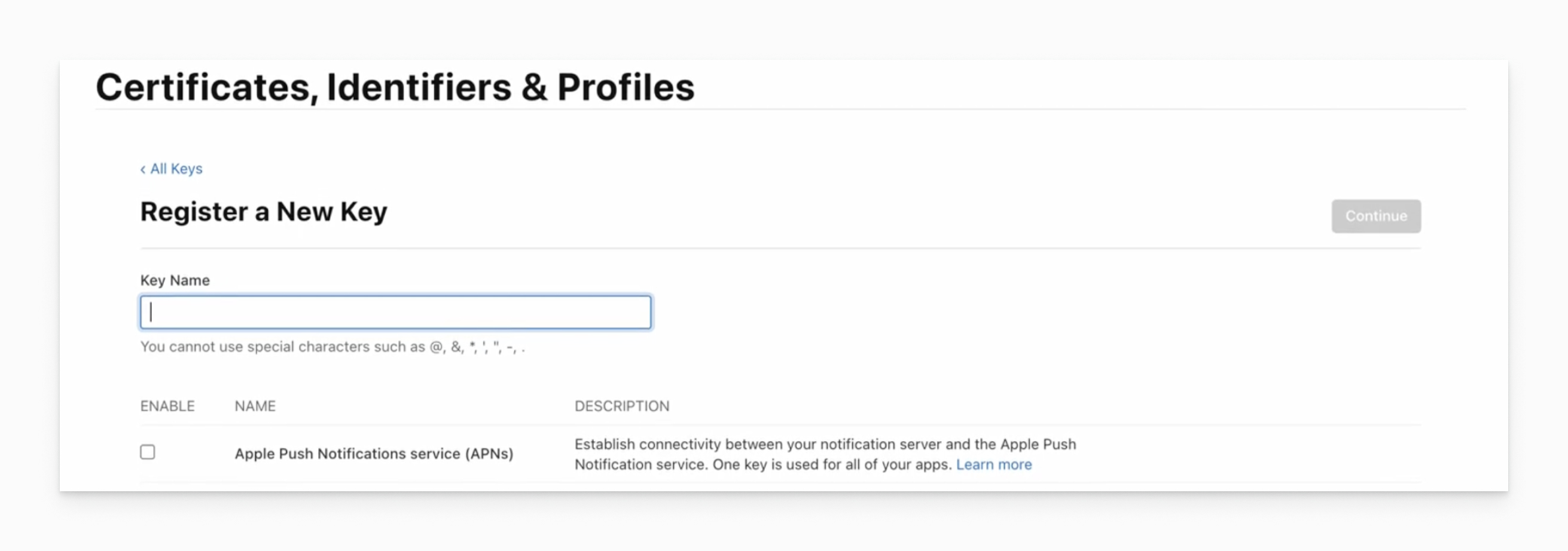 Apple Developer Account - Register a New Key Page. Select APNS