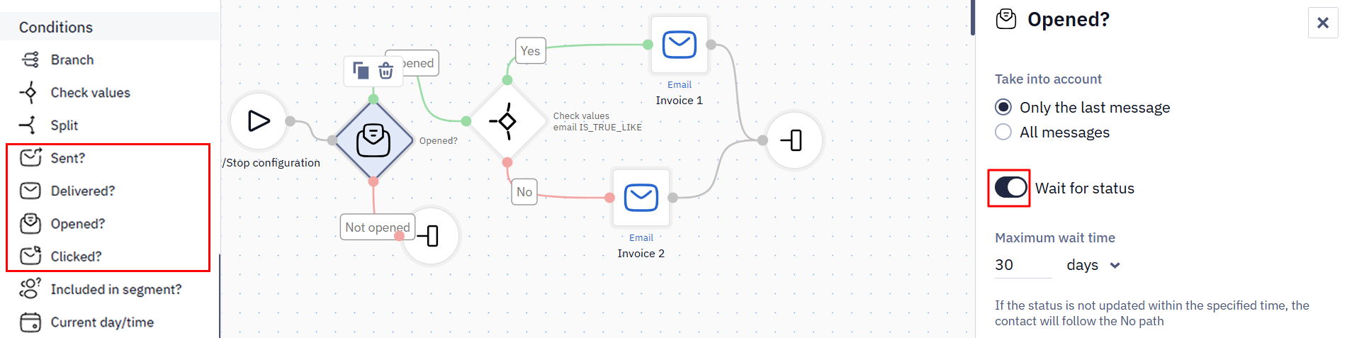 The Wait for status toggle in a workflow block