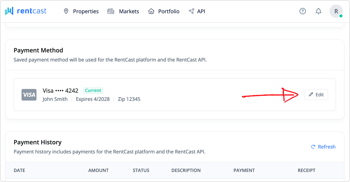 Updating RentCast API payment information