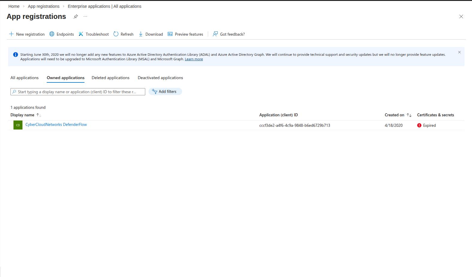 Azure registered applications list with New Registration button
