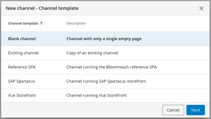 Channel template selection in the New channel wizard