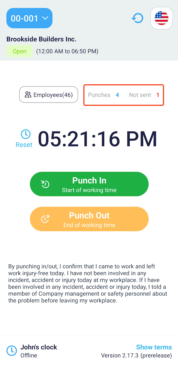 Punch count on the Android version of the Kiosk App