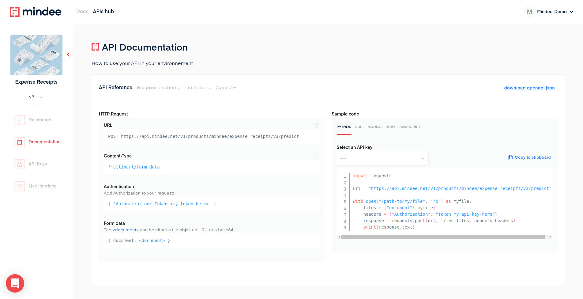 Mindee APIs documentation with the different section