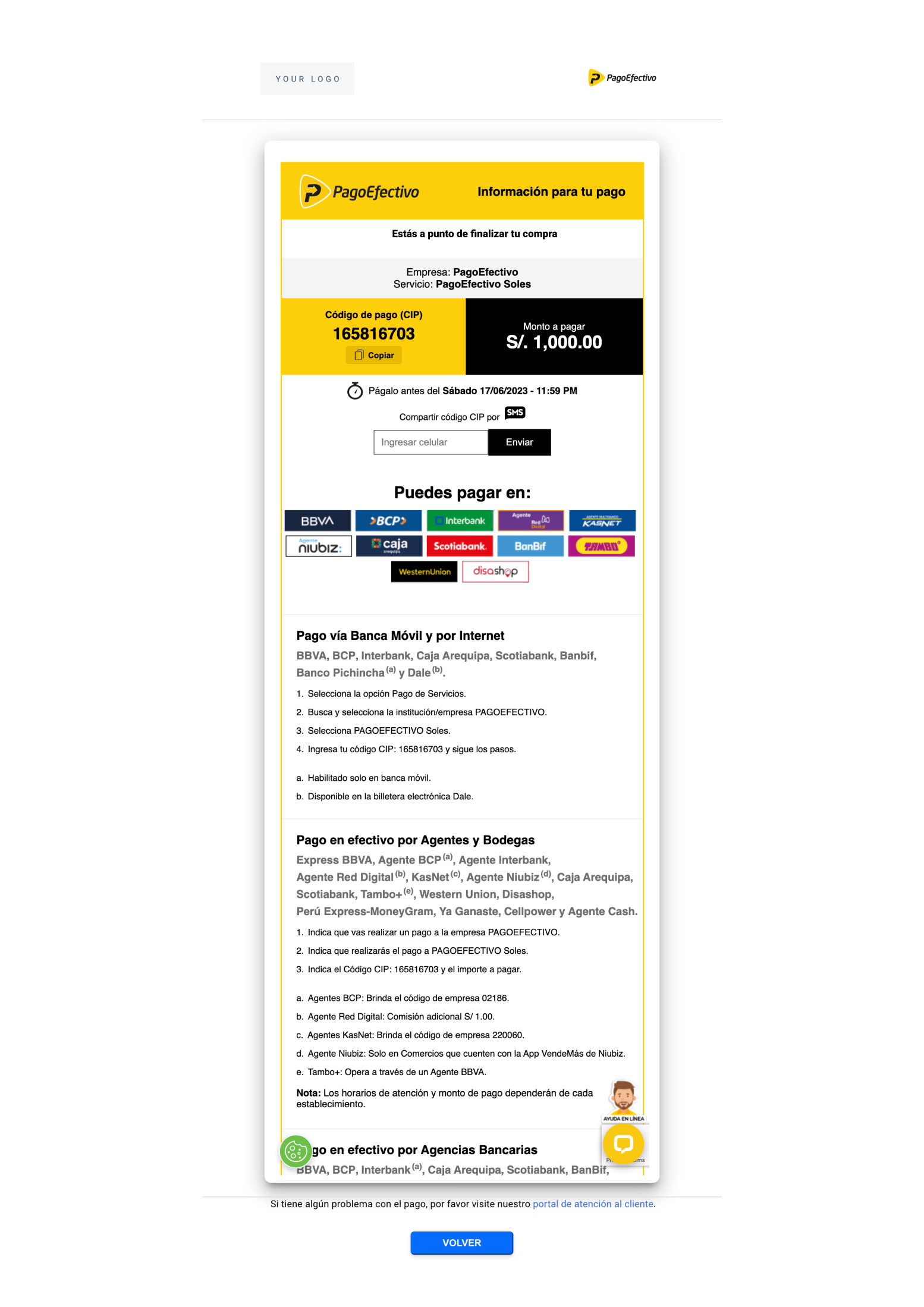 Page Efectivo UI built with the information in the example above.