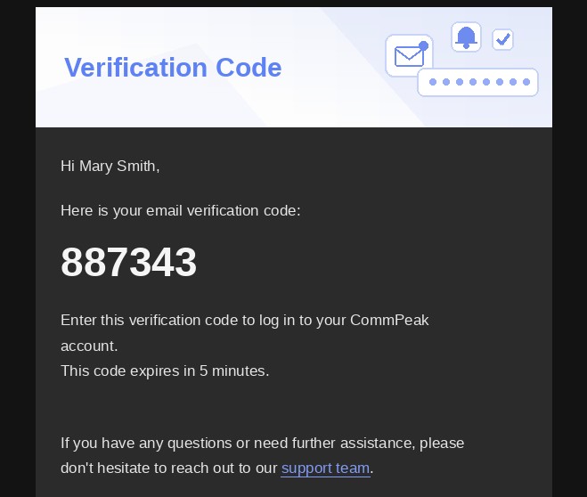 Screenshot of the email with the code to verify log in