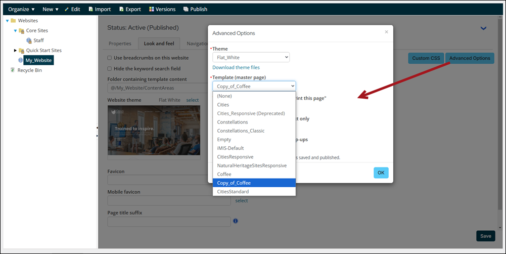 Template master page drop-down
