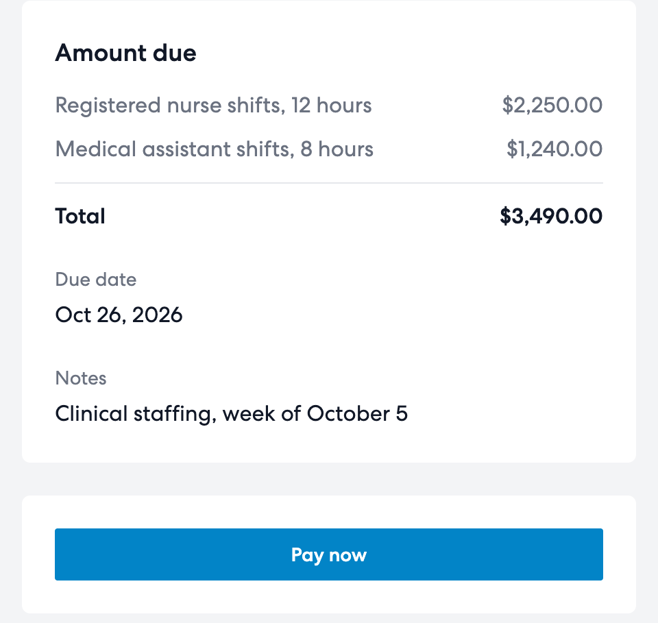 Invoice detail with line items, due date, notes and a Pay now button