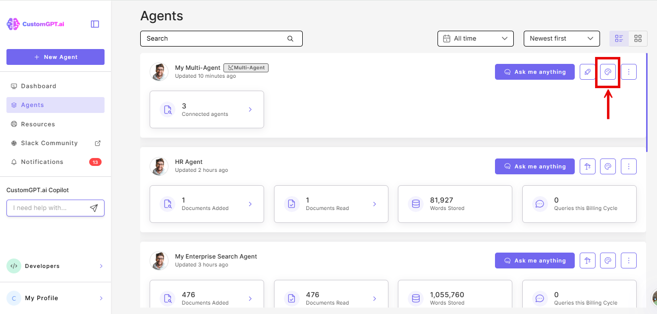 Personalize button on the master agent