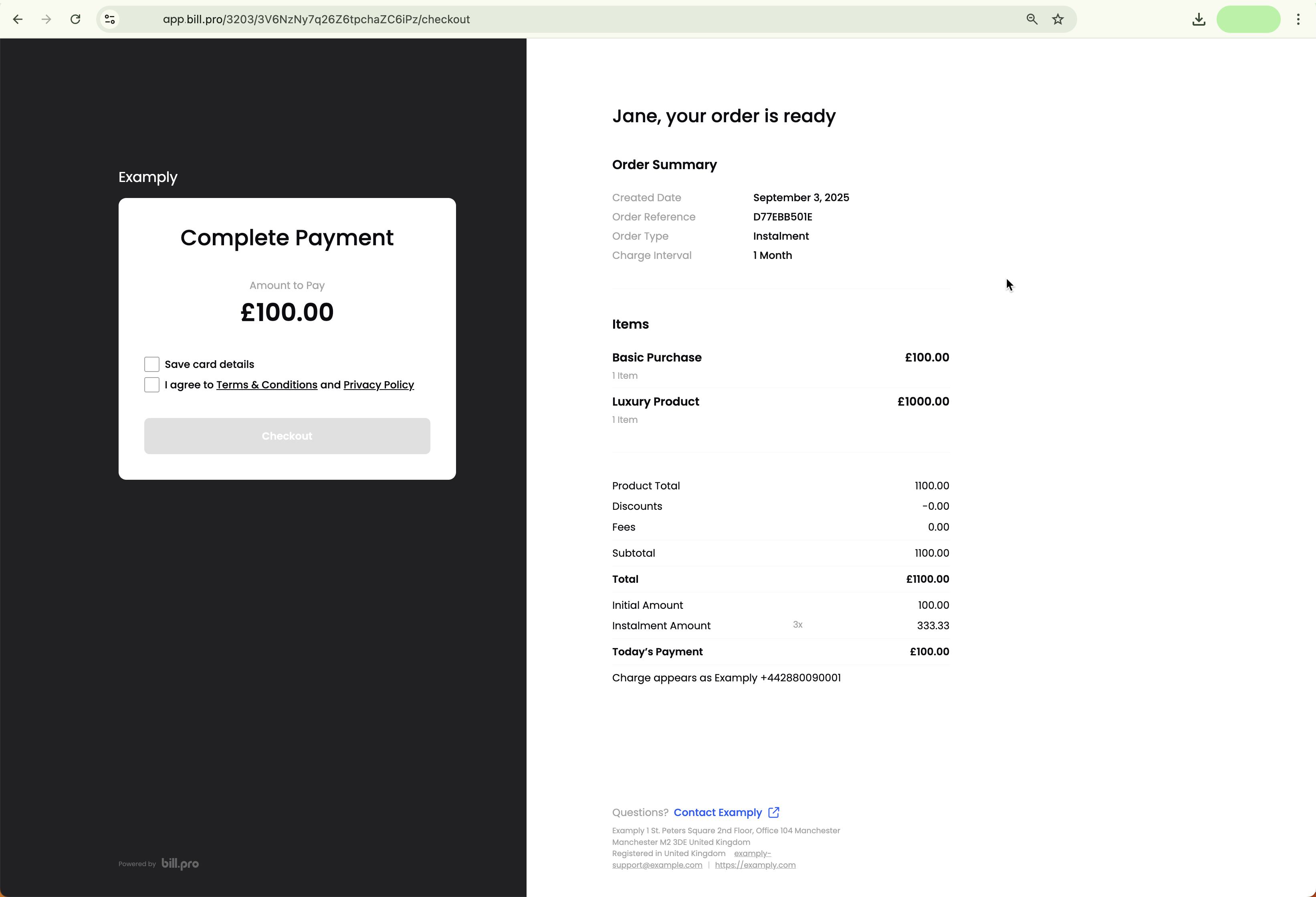 The payment link opens a secure checkout