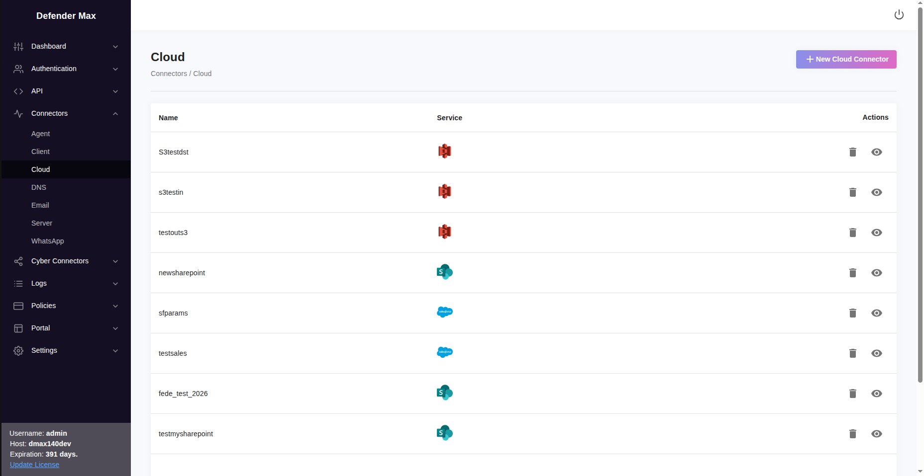 Dmax connectors page with new cloud connector button