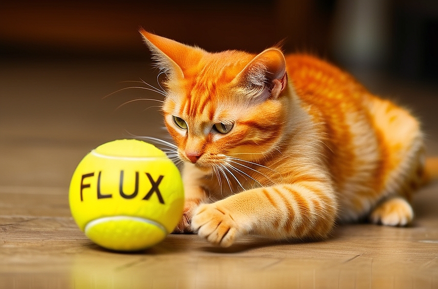 Leonardo Phoenix with the prompt "an orange cat standing on a blue basketball with the text PAWS"